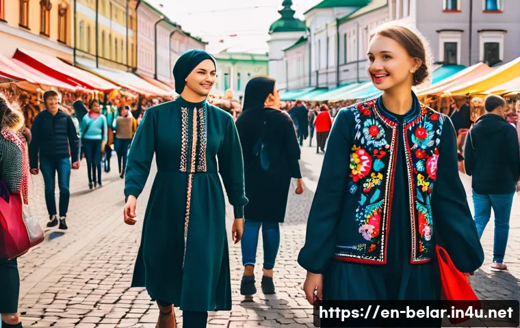 벨라루스에서 인스타그램 인기 해시태그 - A vibrant street scene in Minsk during a cultural festival, featuring young adults wearing stylish, ...