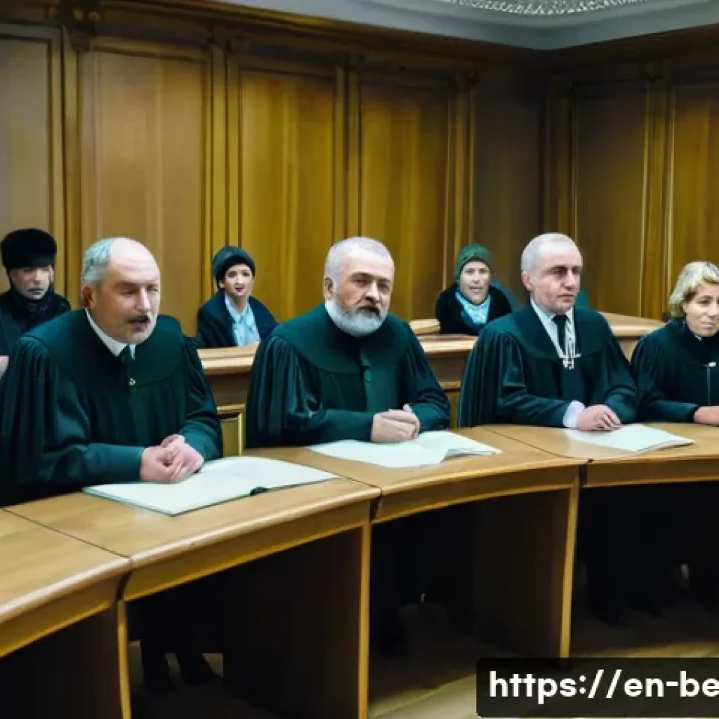 벨라루스에서 불법 행위 시 처벌 - A detailed courtroom scene inside a Belarusian legal setting, featuring a diverse group of people in...