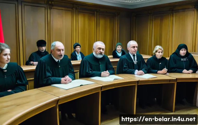 벨라루스에서 불법 행위 시 처벌 - A detailed courtroom scene inside a Belarusian legal setting, featuring a diverse group of people in...