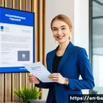 Home 22 벨라루스에서 외국인 체류 규정 - A professional office setting in Minsk, Belarus, showing a foreign business traveler in smart casual...