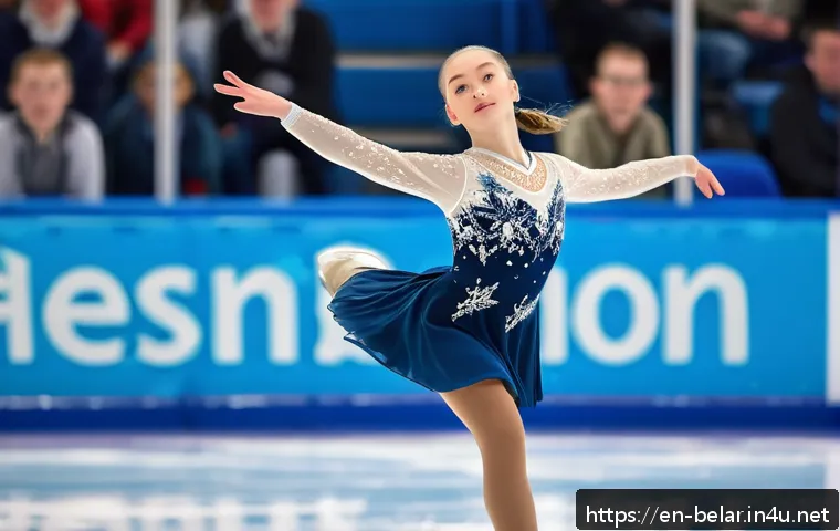 벨라루스에서 피겨 스케이팅 선수 - A teenage female figure skater performing a clean triple axel jump on an indoor ice rink, wearing a ...