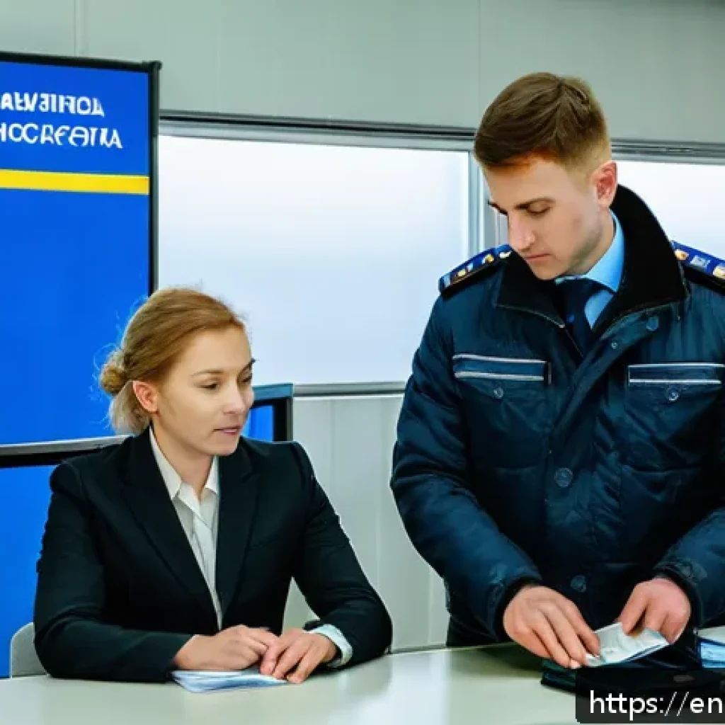 벨라루스 국경 통과 방법 - A detailed scene at a modern Belarus border checkpoint during daytime, showing a diverse group of tr...