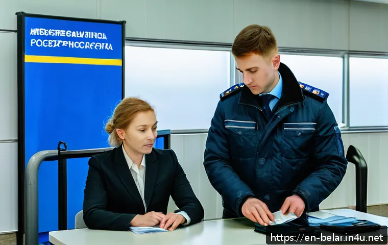 벨라루스 국경 통과 방법 - A detailed scene at a modern Belarus border checkpoint during daytime, showing a diverse group of tr...