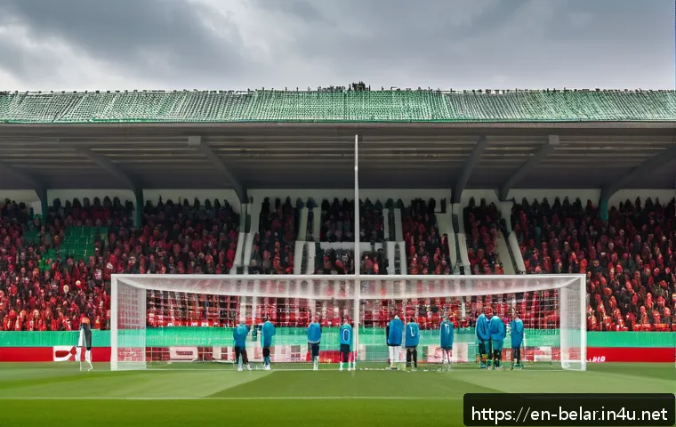 벨라루스 축구 리그 소개 - A dynamic scene of a Belarusian football match in a modest stadium with passionate local fans waving...