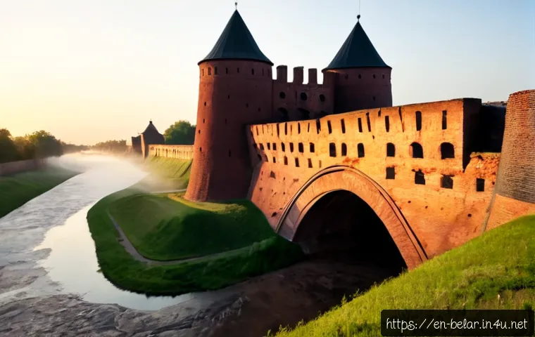 브레스트 요새 역사 - Photorealistic dawn view of the historic Brest Fortress in Belarus, massive red-brick defensive wall...